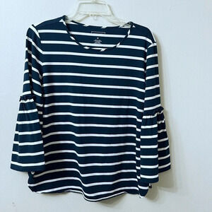 Van Heusen Womens Navy Blue Striped Top Medium Nautical Shirt Long Bell Sleeve